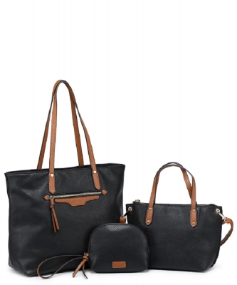 3 IN 1 Plain Smooth Tote Bag Set BG-716527 BLACK